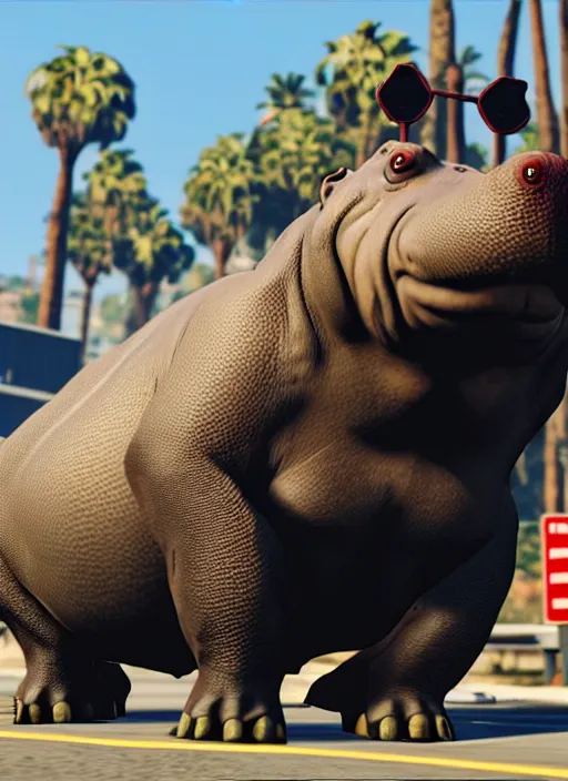 Prompt: an anthropomorphic hippopotamus in GTA5