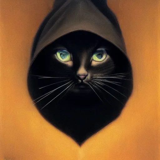 Image similar to a portrait of a kitten wearing a black hood, cloak covering face, anatomically correct, beautiful perfect face, enigmatic, oil painting, matte, black background, Volumetric dynamic lighting, Highly Detailed, Cinematic Lighting, Unreal Engine, 8k, HD, by Beksinski