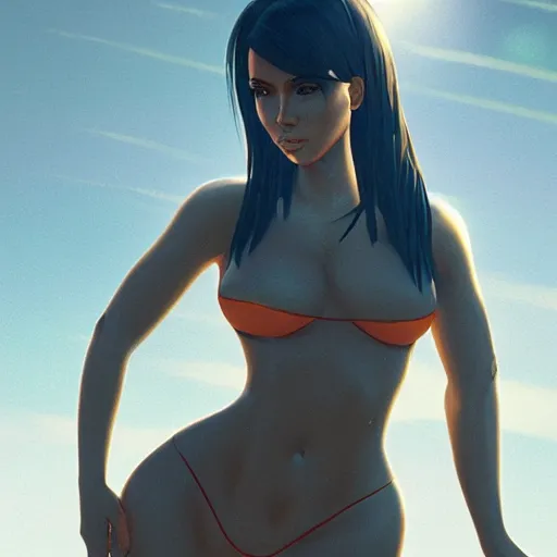 Image similar to kodak portra. by wlop, ilya kuvshinov, krenz cushart, greg rutkowski, trending on pixiv. zbrush sculpt, octane, maya, houdini, vfx. cute kim kardashian wearing futuristic solar punk bikini armor. digital painting. cinematic dramatic atmosphere, sharp focus, volumetric lighting.