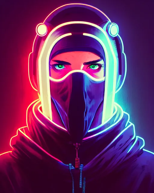 Image similar to cyberpunk synth, hyper - realistic portrait of a man in a hoodie with detailed neon mask, cyberpunk, by atey ghailan, by greg rutkowski, by greg tocchini, by james gilleard, by joe fenton, by kaethe butcher, dynamic lighting, gradient light blue, brown, cinematic lighting color scheme, sharp focus, grunge aesthetic