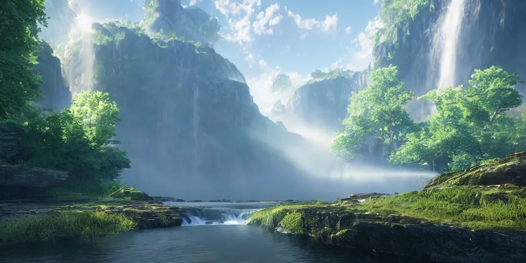 Image similar to stunning landscape, waterfall, god rays, 8 k uhd, unreal engine, octane render in the artstyle of kuindzhi