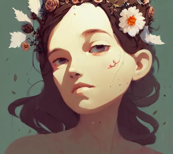 Image similar to portrait of forest godess with flower crown, by atey ghailan, by greg rutkowski, by greg tocchini, by james gilleard, by joe fenton, by kaethe butcher, by ashley wood, dynamic lighting, gradient light blue, brown, blonde cream and white color scheme, grunge aesthetic