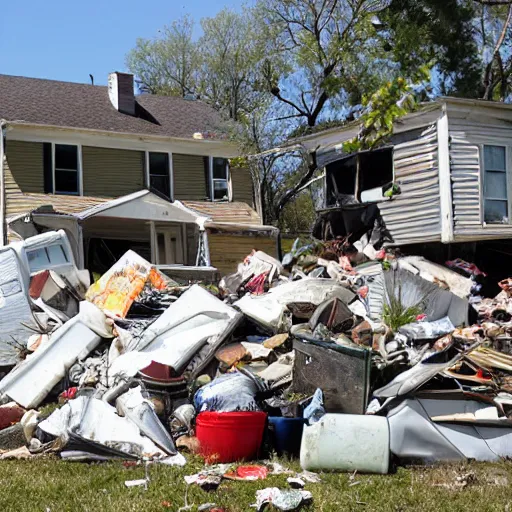 Image similar to a run down house with stacks of trash 1 0 feet high in front of the house. run down house is in a suburban neighborhood in america.