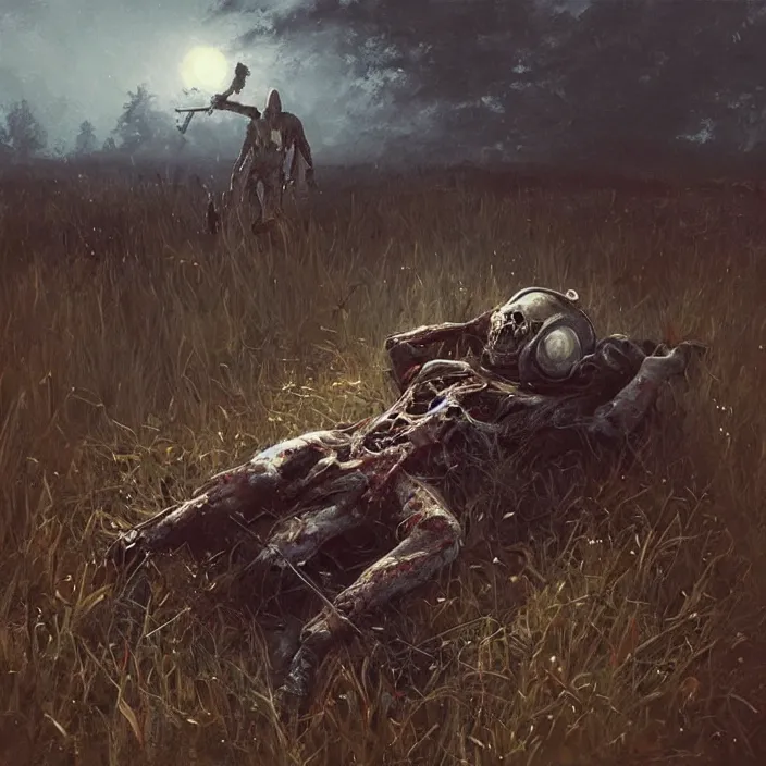 Prompt: painting by greg rutkowski, a dead zombie lying in a military helmet and uniform in the tall grass at night