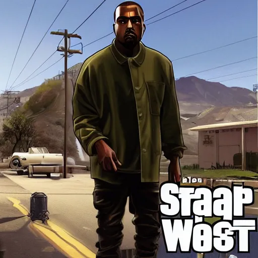 Image similar to Kanye West in GTA V, cover art by Stephen Bliss, artstation