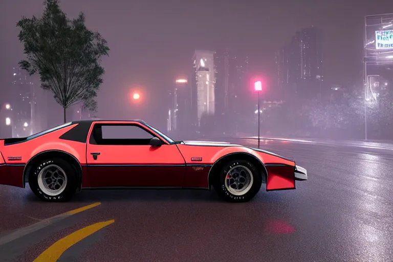 Image similar to hyperdetailed, photorealistic photograph of a 1 9 8 2 pontiac firebird trans - am drifting in the streets, rain, night, dense fog, hd, unreal engine 5 by greg rutowski, by stanley artgerm, by alphonse mucha