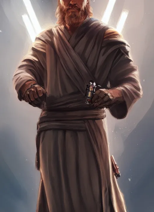 Image similar to a portrait of obi - wan kenobi as a jesus, cyberpunk, grim - lighting, high - contrast, intricate, elegant, highly detailed, digital painting, artstation, concept art, smooth, sharp focus, illustration