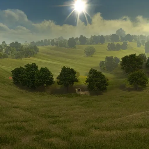 Prompt: green hill with fake clouds and fake sun, cloned houses, day, 8k, realistic, high details, volumetric light