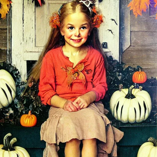 Prompt: a happy little girl with long straight golden blonde hair sitting amidst halloween decor, skulls and pumpkins. beautiful highly detailed face, beautiful painting by norman rockwell