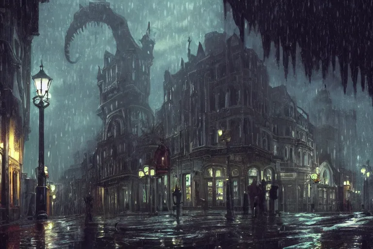 Image similar to beautiful serene victorian city, a lovecraftian monster in the background, gaslight, rain, low angle, wide angle, artstation