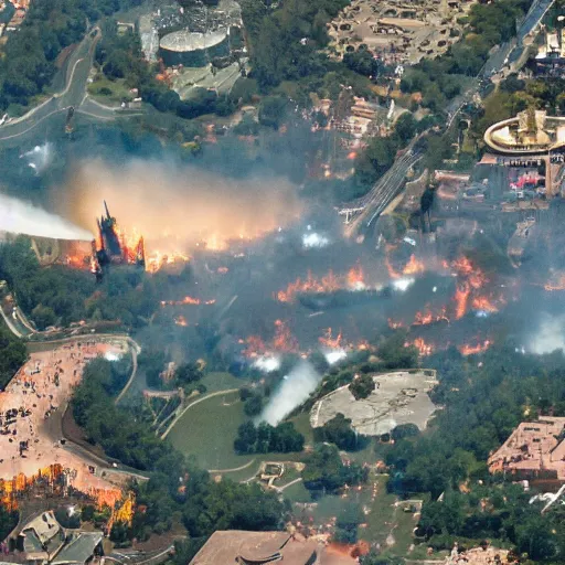 Prompt: aerial image of disney land ln fire alien invasion