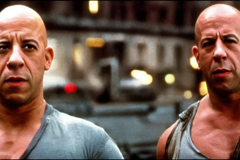 Image similar to film still of Vin Diesel as John McClane in Die Hard 1988