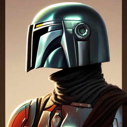 Image similar to portrait of The Mandalorian with his helmet, elegant, intricate, headshot, highly detailed, digital painting, artstation, concept art, sharp focus, illustration, art by artgerm and greg rutkowski and alphonse mucha