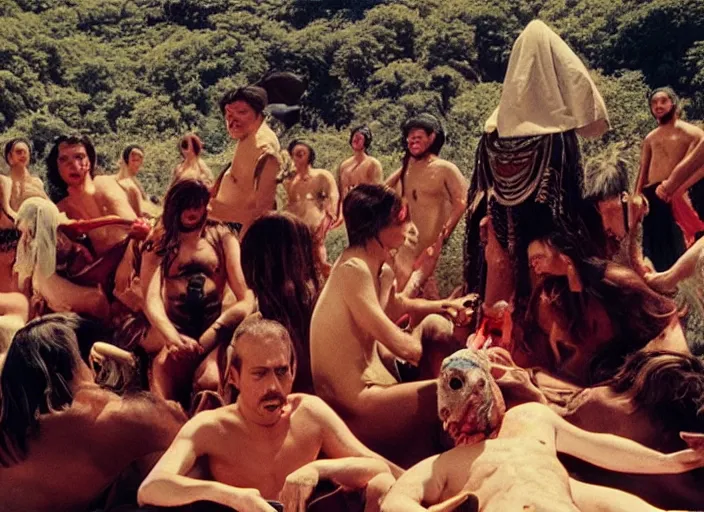 Prompt: 3 5 mm still from art house film by alejandro jodorowsky, wong kar - wai and wes anderson : : sensual scene in a picturesque outdoors setting : : fire, painted horse, high priestesses, smoke, debauchery, birds : : close - up of the actors'faces : : technicolor, 8 k