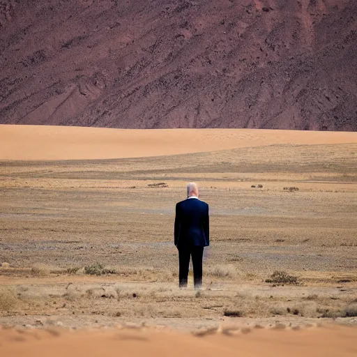 Image similar to a far away shot of Joe Biden standing in the middle of the desert
