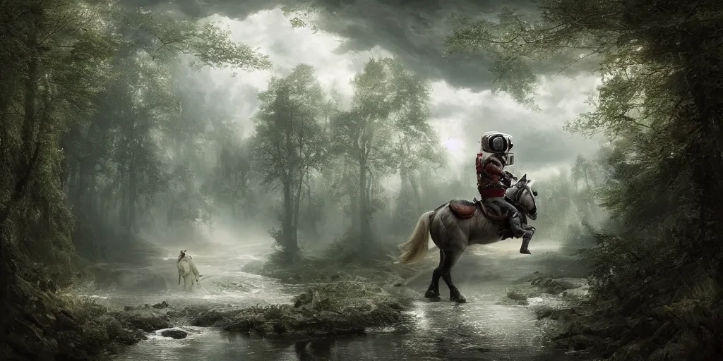 Image similar to an astronaut riding on the back of a white horse through a forest, crossing a river on a bridge, a detailed matte painting by frieke janssens, featured on cgsociety, fantasy art, matte painting, reimagined by industrial light and magic, matte drawing