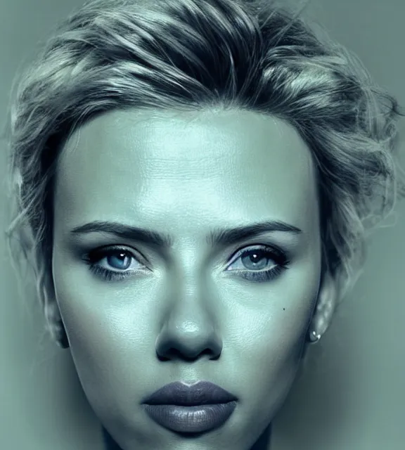 Image similar to portrait photo of Scarlett Johansson:: symmetric face, symmetric eyes, slight smile, photo by Annie Leibovitz, 85mm, teal studio backdrop, Getty images