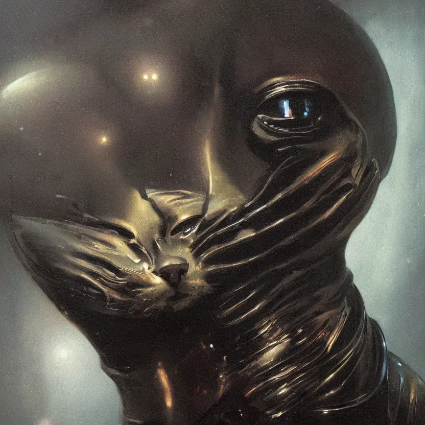 Prompt: a neoclassicist close - up portrait of a an otherworldy cat entity with surrealist features. iridescent reflective alien technology. foggy black background. highly detailed science fiction painting by norman rockwell, frank frazetta, syd mead and moebius. rich colors, high contrast, gloomy atmosphere, dark background. trending on artstation.