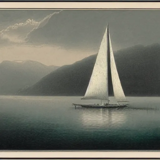 Image similar to sailboat on a lake, gustave dore lithography