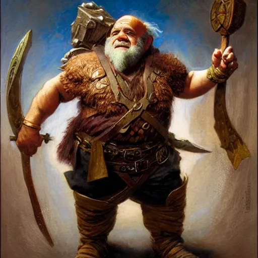 Image similar to a full body heroic pose of danny devito as a d & d style dwarf, highly detailed painting by gaston bussiere, craig mullins, j. c. leyendecker, 8 k