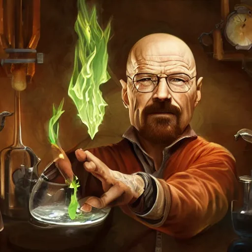 Prompt: Walter White as an Alchemist Making a Potion of Stored Flames of Eden, Fantasy Illustration by Tony Sart, Trending on artstation
