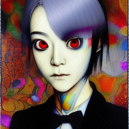 Image similar to yoshitaka amano blurred and dreamy realistic three quarter angle portrait of a young woman with white hair and black eyes wearing dress suit with tie, junji ito abstract patterns in the background, satoshi kon anime, chungking express color palette, noisy film grain effect, highly detailed, renaissance oil painting, weird portrait angle, blurred lost edges