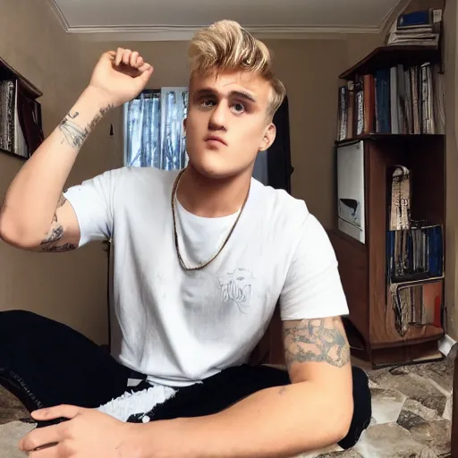 Prompt: jake paul sitting confused and sweating in a small european apartment.