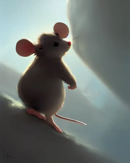 Image similar to viewed from behind, over the shoulder, a cute mouse looks upwards, viewed from behind, digital portrait by greg rutkowski, fantasy art, concept art, by disney concept artists, cinematic lighting, evening light, trending on artstation, cgsociety