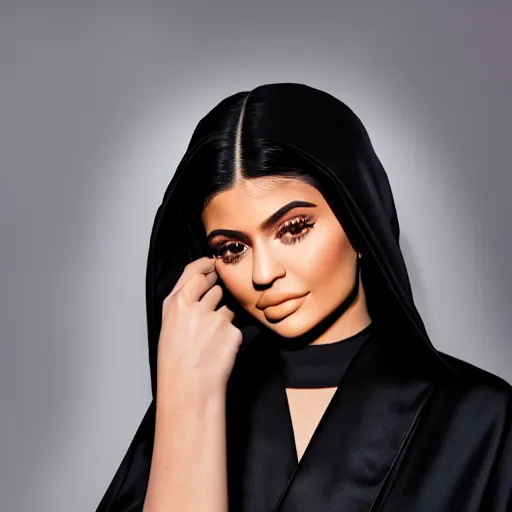 Image similar to kylie jenner wearing black robe and golden necklace cinematic photoshoot high quality highly affordable photo realistic 8 k hd