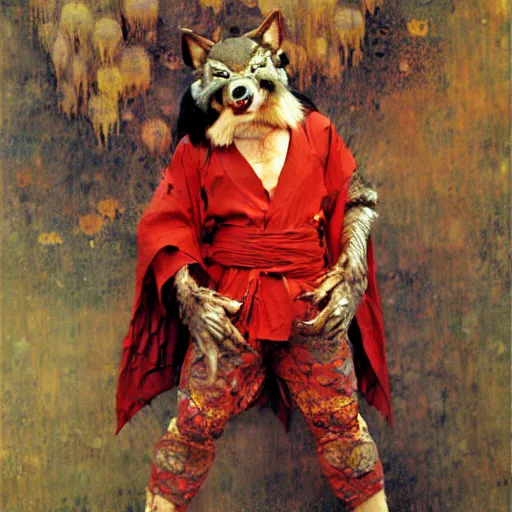 Image similar to a male ninja ratwolfman rat wolf man in a red kimono furry arms furry body. furaffinity furry art detailed face painting by gaston bussiere craig mullins jc leyendecker gustav klimt artgerm greg rutkowski furry