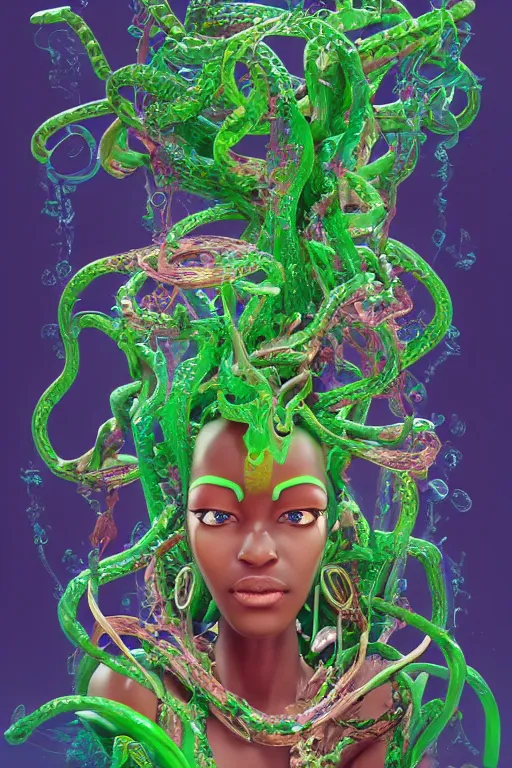 Prompt: epic 3 d osumare, trans african deity, liquid hands and feet spinning, 2 0 mm, with green and pink vines melting smoothly into asymmetrical snakes and rainbows, liquid, delicate, intricate, houdini sidefx, trending on artstation, by jeremy mann and ilya kuvshinov, jamie hewlett and ayami kojima