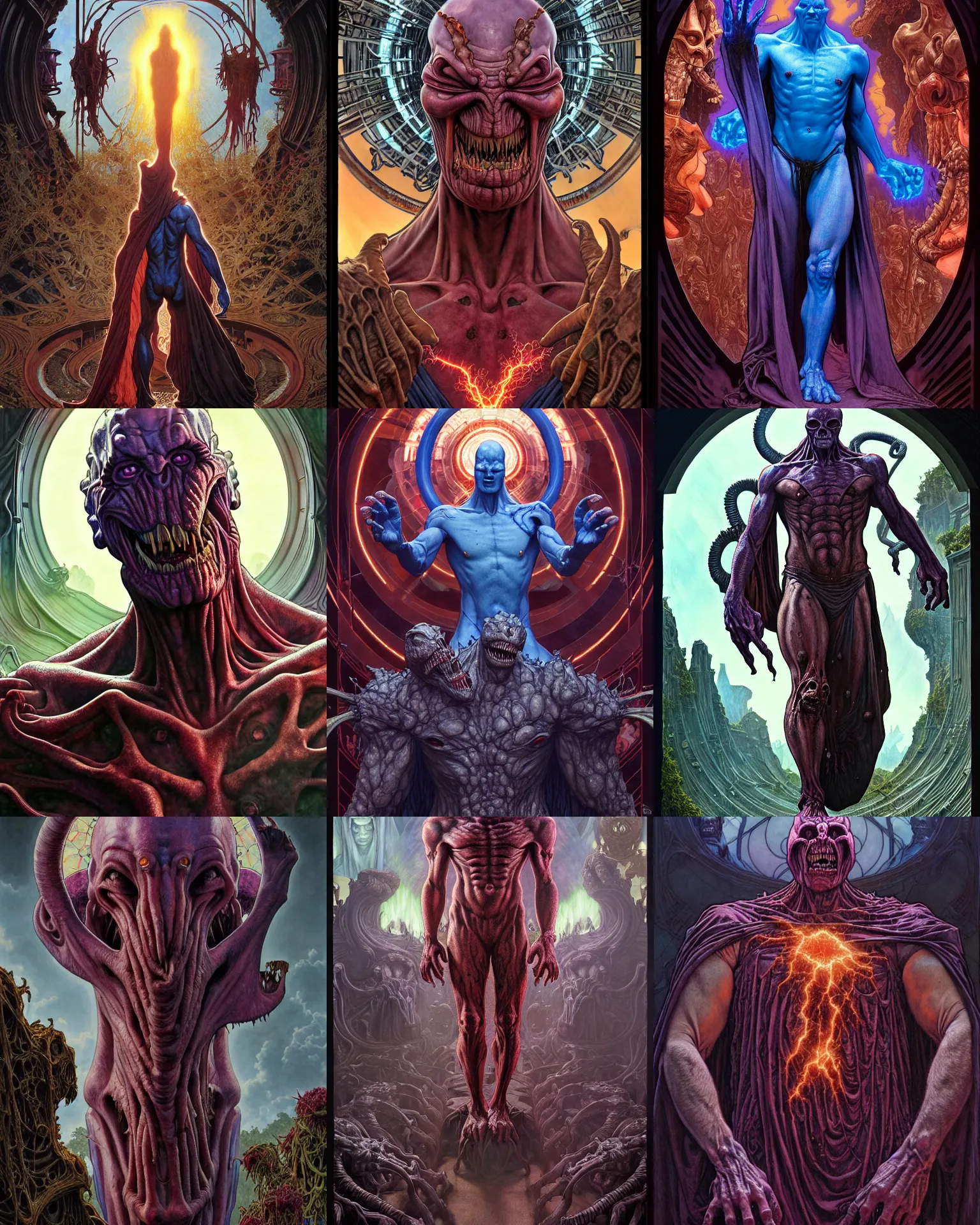 Prompt: the platonic ideal dinotopia of cletus kasady ultimate carnage thanos dementor doctor manhattan chtulu nazgul, detailed, intricate, hyperrealism, intense, scary, decay, dmt, art by brock hofer and artgerm and greg rutkowski and alphonse mucha