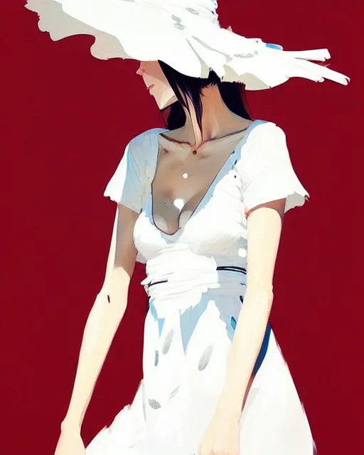 Image similar to a ultradetailed beautiful painting of a stylish woman wearing a white dress with a sun hat, by conrad roset, greg rutkowski and makoto shinkai trending on artstation