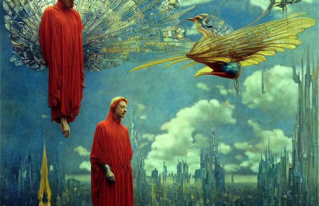 Image similar to realistic detailed portrait movie shot of a birdman wearing reflective transparent robes, sci fi city landscape background by denis villeneuve, amano, yves tanguy, alphonse mucha, ernst haeckel, max ernst, roger dean, masterpiece, rich moody colours, blue eyes