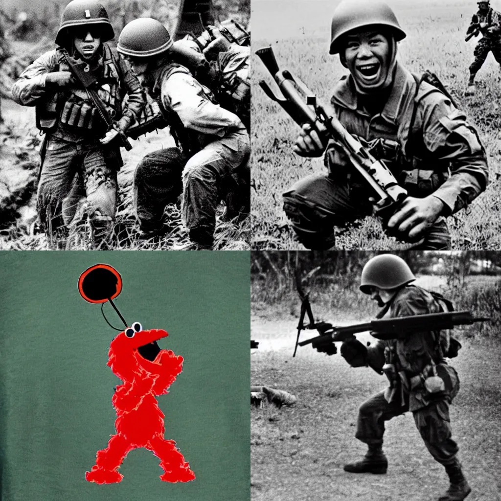 Prompt: elmo fighting in the vietnam war