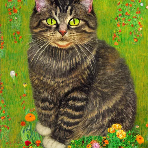 Image similar to portrait of a very fluffy dark tabby cat with green eyes, happy cat, canned food, moonlight, full body, smiling cat, golden colors, flowers, intricate, elegant, highly detailed, smooth, sharp focus, illustration, art by gustav klimt