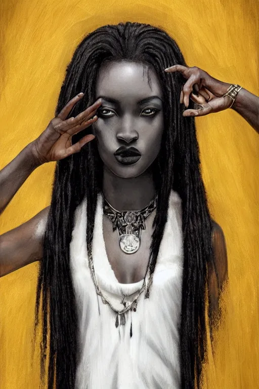 Prompt: a beautiful African American woman with long black hair, yellow eyes, gothic, intricate, elegant, dramatic lighting, gorgeous face, white tank top, highly detailed, lifelike, photorealistic, digital painting, artstation, illustration, concept art, smooth, sharp focus, art by John Collier and Albert Aublet and Krenz Cushart and Artem Demura and Alphonse Mucha