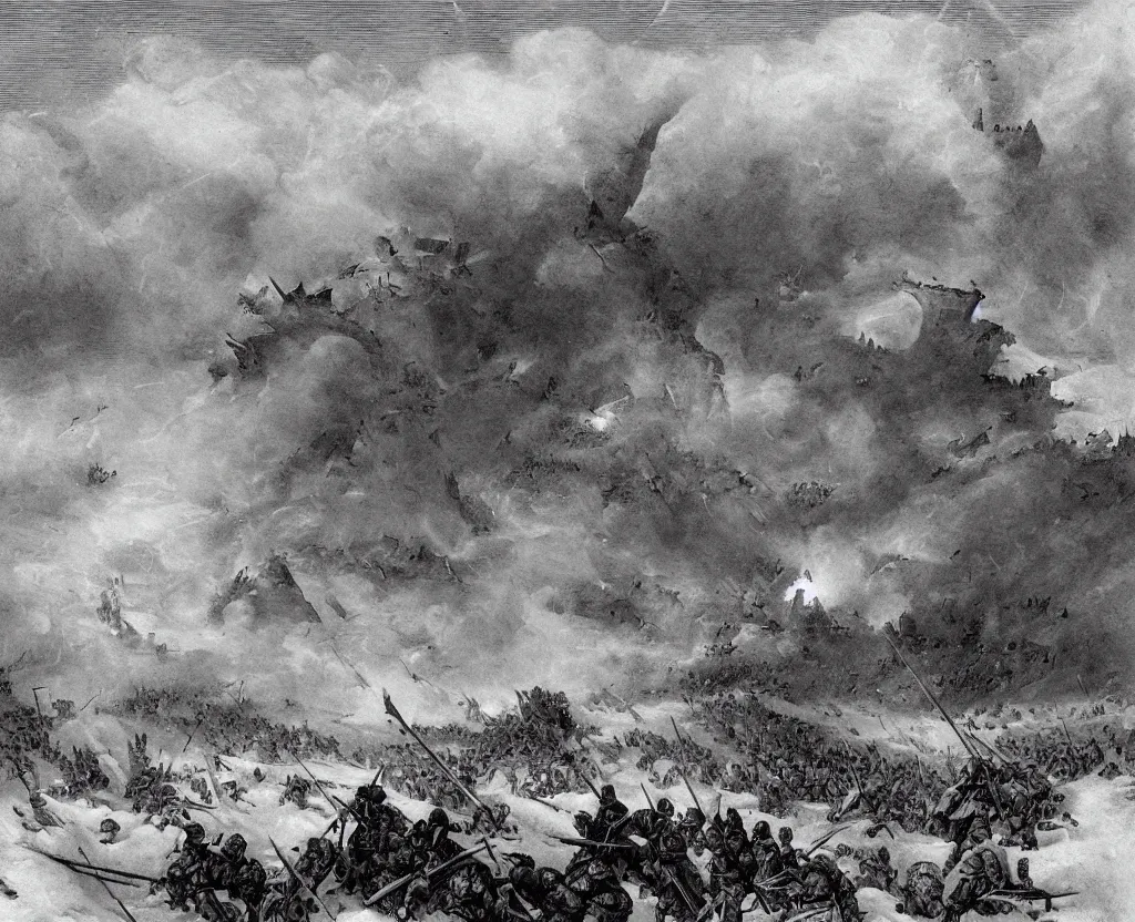 Image similar to Siege of a medieval castle in winter while two great armies face each other fighting below with banners and flags, catapults throw stones at the castle destroying its stone walls, heavy snow storm, fantasy, medieval, fire, explosions and grey smoke here and there, a dragon is lightly seen flying through the sky and throwing fire through its jaws half covered by clouds of smoke and fog, trending on Artstation, detailed oil on canvas painting by greg rutkowski and Raoul Vitale