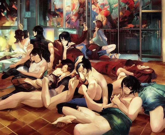 Prompt: a group of drug addicts passed out in an abandoned art deco designed apartment building, by shigenori soejima, by frank frazetta, by thomas kinkade, by ilya kuvshinov, digital painting masterpiece, beautiful brush strokes, advanced lighting technology, symmetry!!!, accurate and realistic faces and anatomy