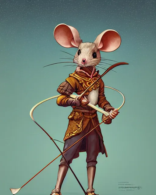 Prompt: anthropomorphic art of anthropomorphic archer mouse holding a bow, victorian bright clothing by artgerm, victo ngai, ryohji hase, artstation, highly detailed digital painting, smooth, global illumination, fantasy art by greg rutkowsky, karl spitzweg