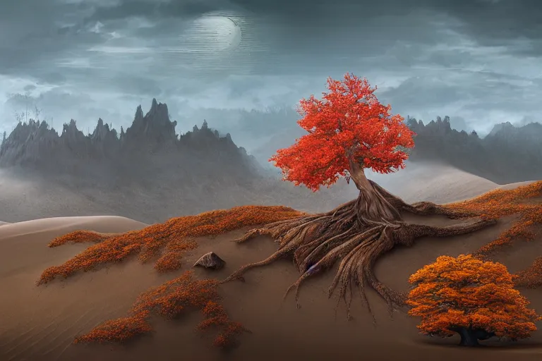 Image similar to an autumn maple bonsai grows on a desolate sand dune in front of a primordial mountainous landscape by hr giger and jessica rossier