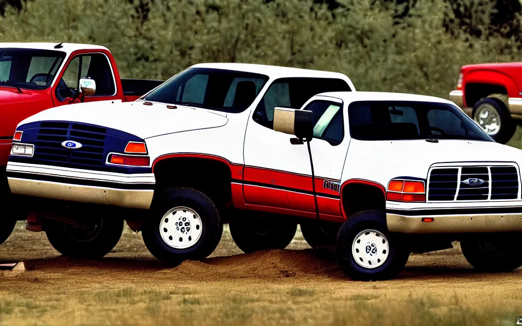 Image similar to 1 9 9 0 s dodge ram truck driving over and crushing ford trucks photo 4 k