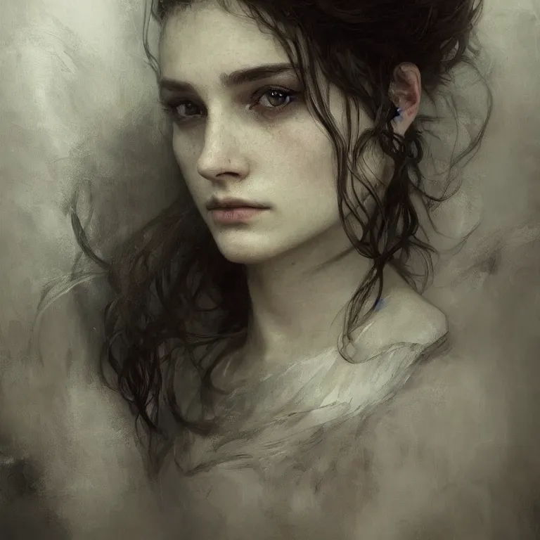 Image similar to beautiful photographic by jeremy mann, only one head single portrait absurdly beautiful, elegant, ultrafine hyperrealistic detailed face, alphonse mucha, intricate linework, sharp focus, final fantasy, unreal engine, dramatic lighting, ethereal, 8 k