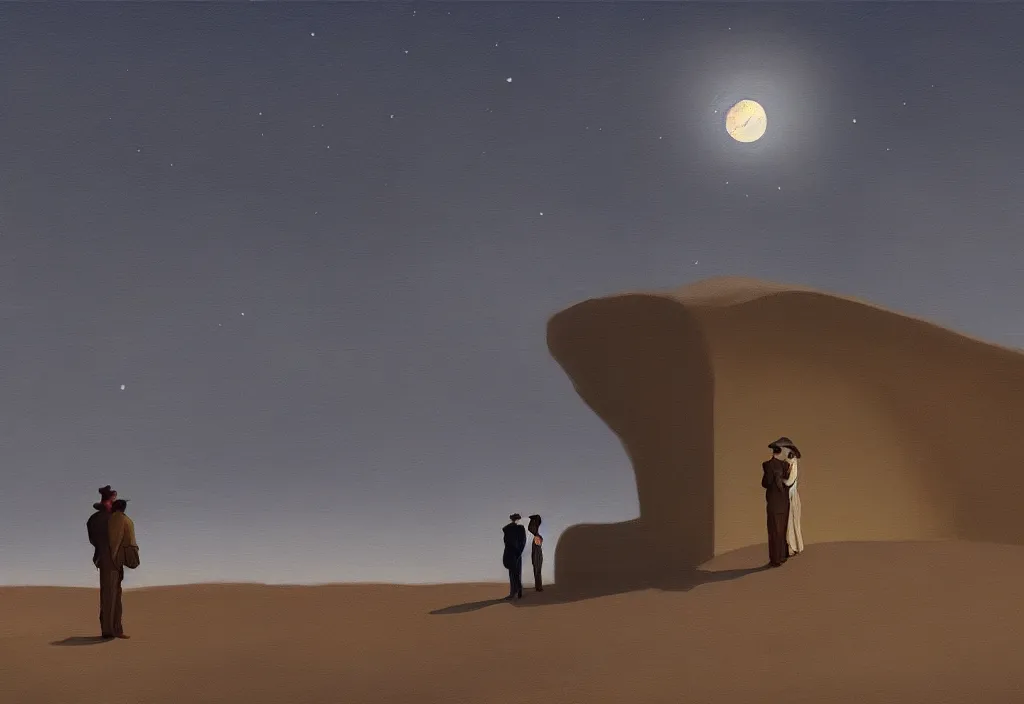 Image similar to a storybook illustration of a couple looking out over a vast moonlit desert painted by Edward Hopper masterpiece, intricate, elegant, fantasy, highly detailed, digital painting, concept art, sharp focus, artstation