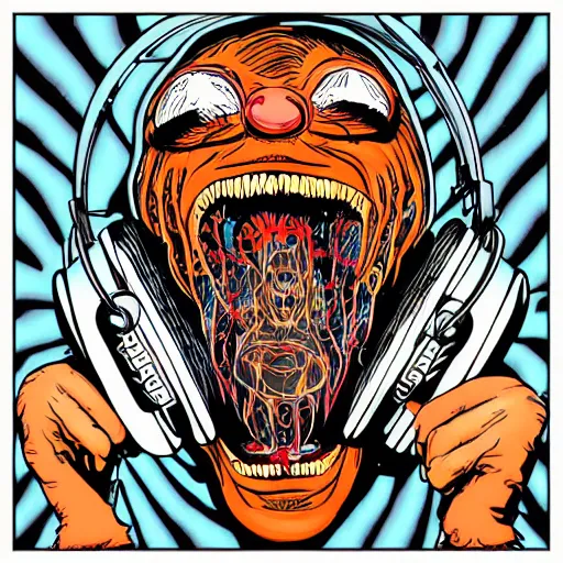 Image similar to artgerm, psychedelic laughing cronenberg friendly looking horror creature, rocking out, headphones dj rave, digital artwork, r. crumb, svg vector