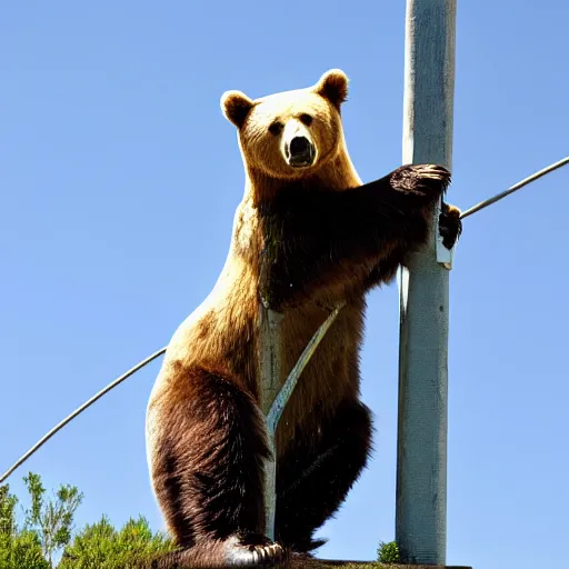 Prompt: the bear sits on a high pole and repairs high-voltage wires. High-resolution photo.