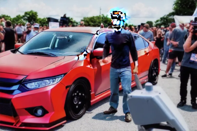 Image similar to mark Zuckerberg and his anime wrapped honda civic at a car show