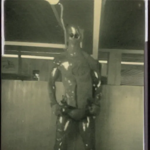 Image similar to found polaroid photo, flash, interior abandoned fast food place, evil mutant gelatinous creature standing