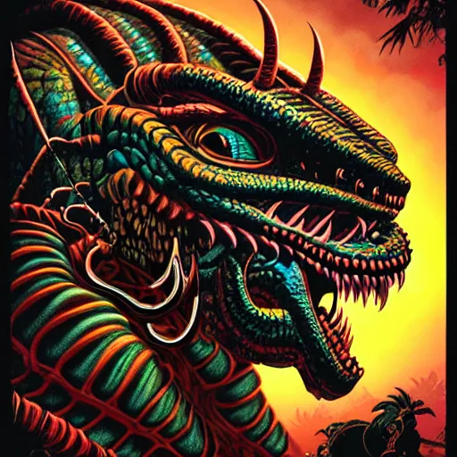 Image similar to side profile of barong family member, wiwek, mara demon, one single tribe member, jungle, one single mask, dark, ancient warrior, snake, bull, lizard, alien, dragon, tribal, inner glow, art by dan mumford and justin gerard