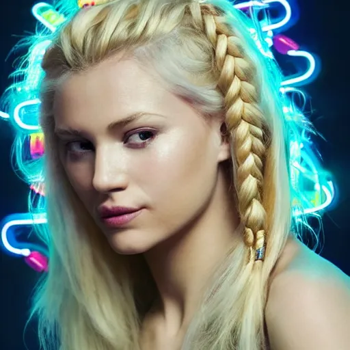 Prompt: Woman with blonde hair beautifully styled with colorful braids gesturing her well-detailed, intricately manicured hands toward the camera, with a white background, illustrated by Greg Rutkowski and Gaston Bussiere, 35mm lens, vibrantly lush neon lighting, beautiful volumetric-lighting-style atmosphere, a futuristic atmosphere, intricate, detailed, photorealistic imagery, trending on artstation, 4k, 8k